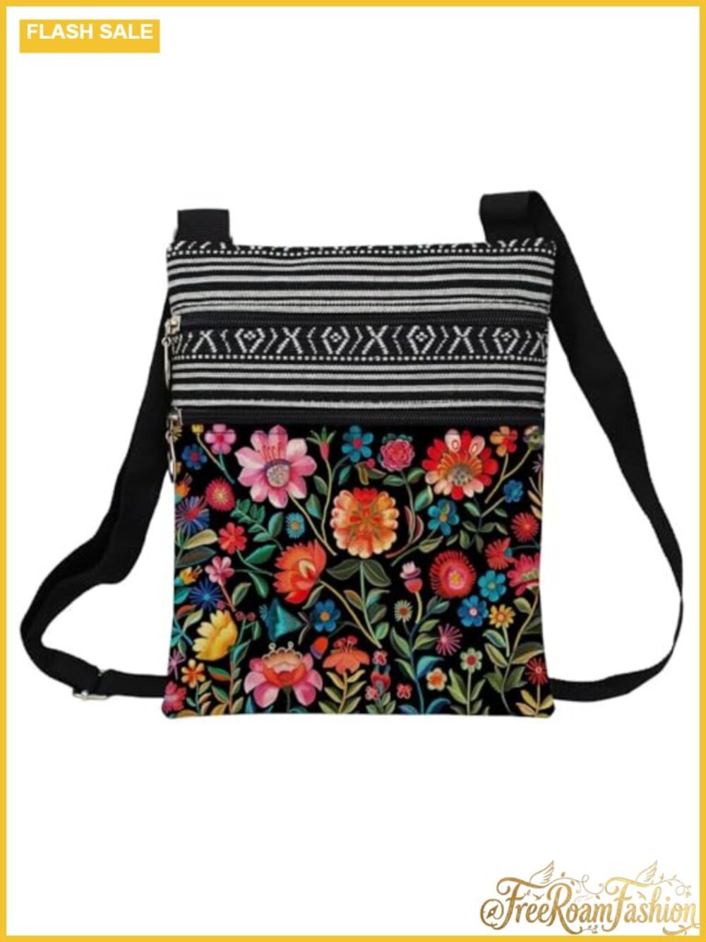 Small Floral Ethnic Print Crossbody Bag Adjustable Strap Zipper Pouch